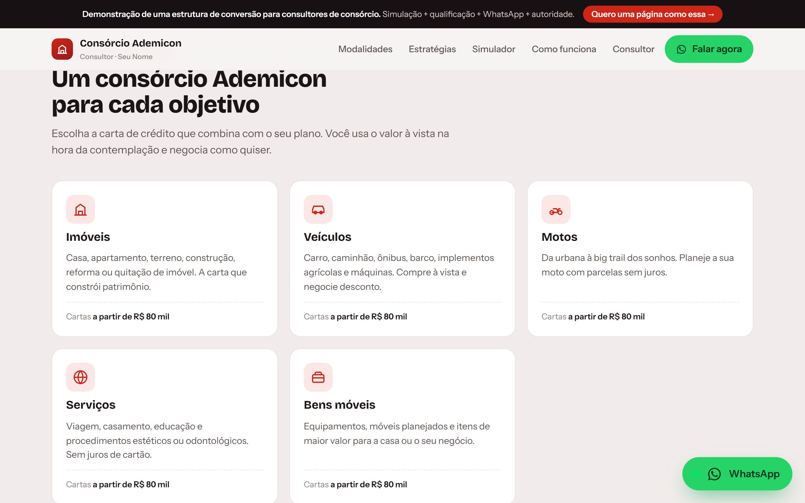 Conversão para consultores de consórcio — produto em funcionamento
